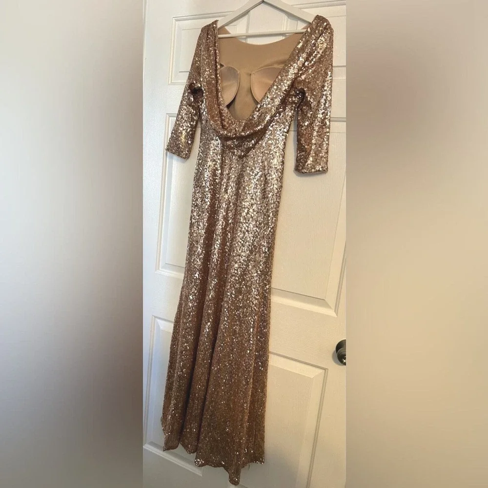 Christina Wu Rose Gold Sequin Formal Gown Evening Dress Party 2 - Picture 3 of 7